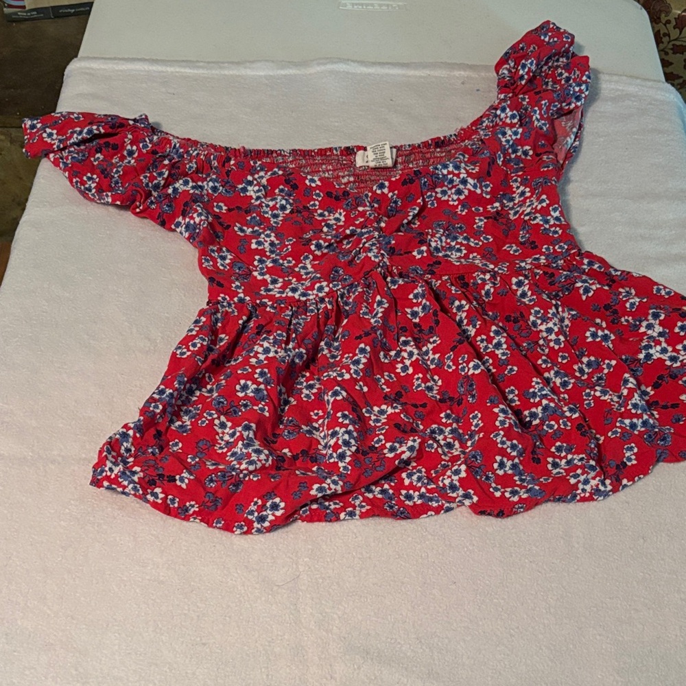 Japna Red Floral Smocked Off-Shoulder Top